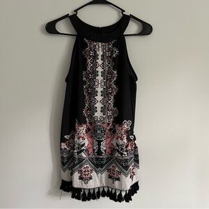 Venus Black Aztec Print Fringe Tassel Hem Sleeveless Halter Blouse